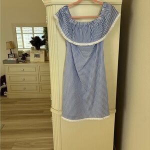 EUC SAIL TO SABLE Royal Blue and White Striped Off-Shoulder Dress Size S